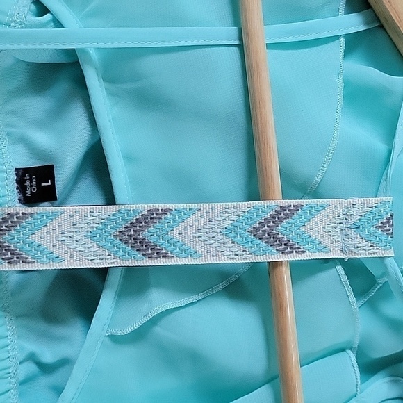 Blue Maxi Sheer Ruffled Embroidered Racerback Straps Flowy Babydoll Halter Dress - Picture 6 of 16